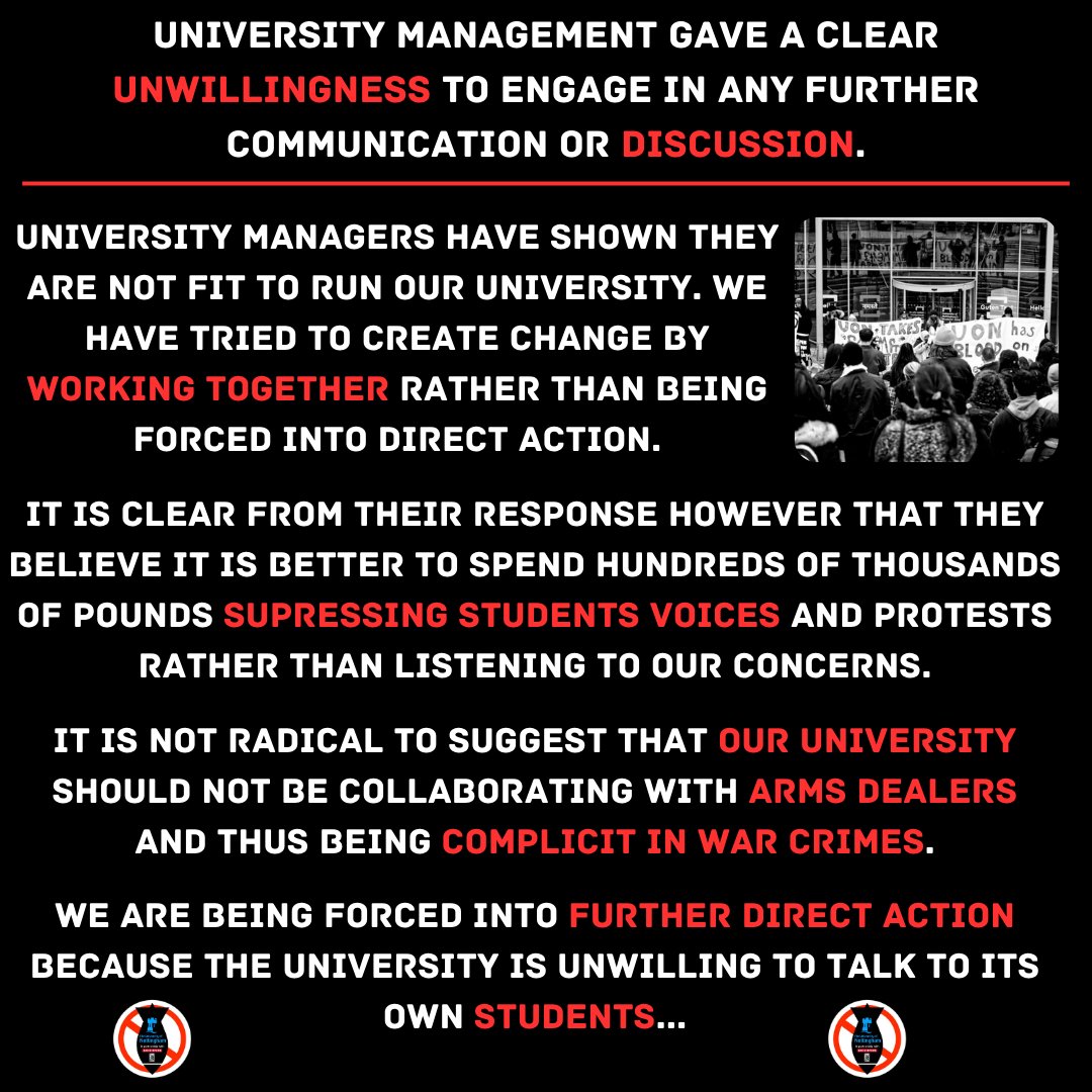 The University of Nottingham's management has completely dismissed students' concerns when engaging in a meeting discussing their collaboration with the arms trade and complicity in war crimes. 

See the <a href="/DemilitariseUoN/">Demilitarise UoN</a> thread below to understand how they are treating students..