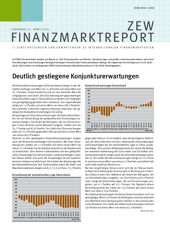 ZEW's tweet image. Lesetipp📖: #ZEWKonjunkturerwartungen steigen auf höchsten Wert der vergangenen zwei Jahre. Branchenerwartungen steigen ebenfalls teils deutlich. ➡️#ZEW-Finanzmarktreport März 2024 u.a. zur deut. Wirtschaft sowie zur #Konjunktur in USA, EU &amp;amp; China zew.de/WS99/?twt=1