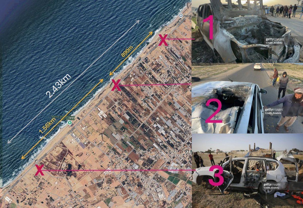 Satellite images show the distance between each bombed WCK vehicle and how the Israeli occupation army took their time to eliminate the entire crew with precision and premeditation. The second car was bombed after it rescued the survivors of the first, while the third was bombed