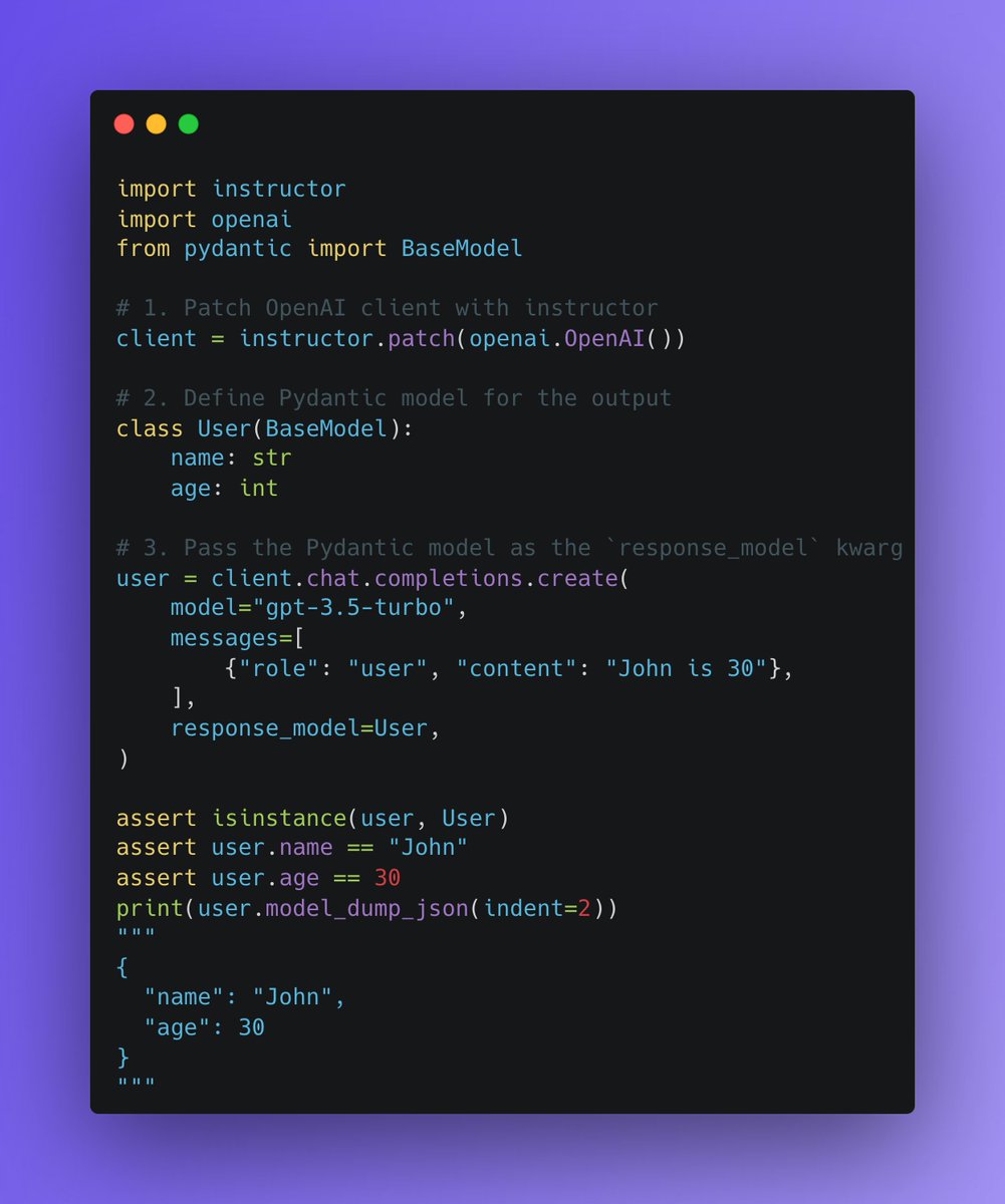 _cgustavo's tweet photo. I used to beg LLMs for structured outputs. 

Most of the time, they understood the job and returned valid JSONs. However, around ~5% of the time, they didn't, and I had to write glue code to avoid breaking downstream modules of my system.

Then, I found @jxnlco's instructor. instructor is a zero-cost abstraction that works by leveraging OpenAI's function calling. The steps are:

1. patch the OpenAI client with instructor.
2. define the Pydantic model for the output I expect.
3. pass the Pydantic model as an extra kwarg to my OpenAI call.

Once that's done, instructor guarantees that what I get back is a valid instance of the Pydantic model. I no longer need to write code to handle the unsuccessful cases. 

Another benefit I found of using instructor is that it is a much better way to organize my prompts. I can keep information close to the source, with doctrings, field descriptions, and examples.

The example in the screenshot is simple. However, I'm using instructor to manage close to 100 different Pydantic models, each with 3-5 layers of nested objects. And guess what? It works.

For some complex objects, though, the LLM violates some constraints on the first try. instructor also has a retry mechanism. If a constraint is violated, it sends another request to the LLM with part of the stack trace, so that the LLM can correct the output, as in the screenshot below (traces in @openlayerco).

Overall, I'm pretty satisfied with using instructor, and it solved a major issue for us. Also, excited that instructor 1.0.0 just released!