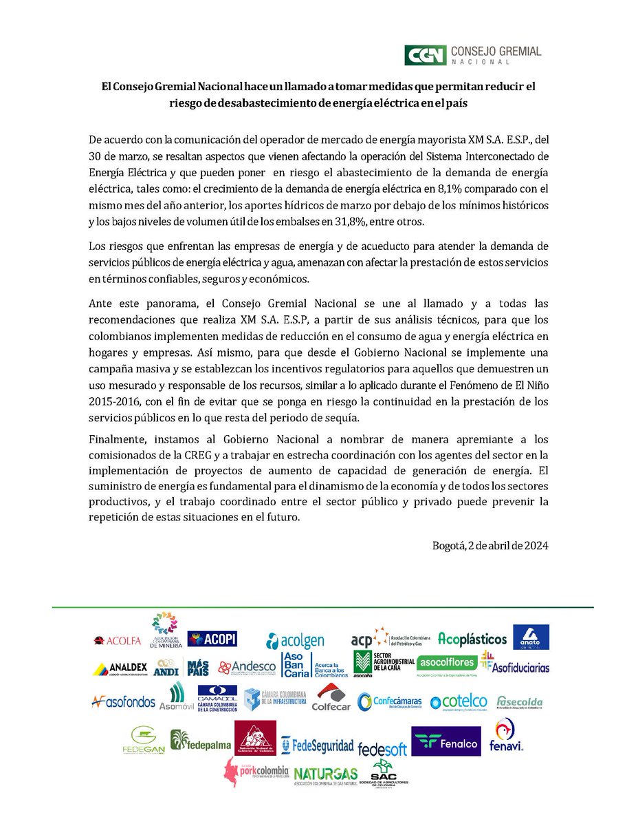 El @ConsejoGremial hace un llamado a tomar medidas que permitan reducir el riesgo de desabastecimiento de energía eléctrica en el país.