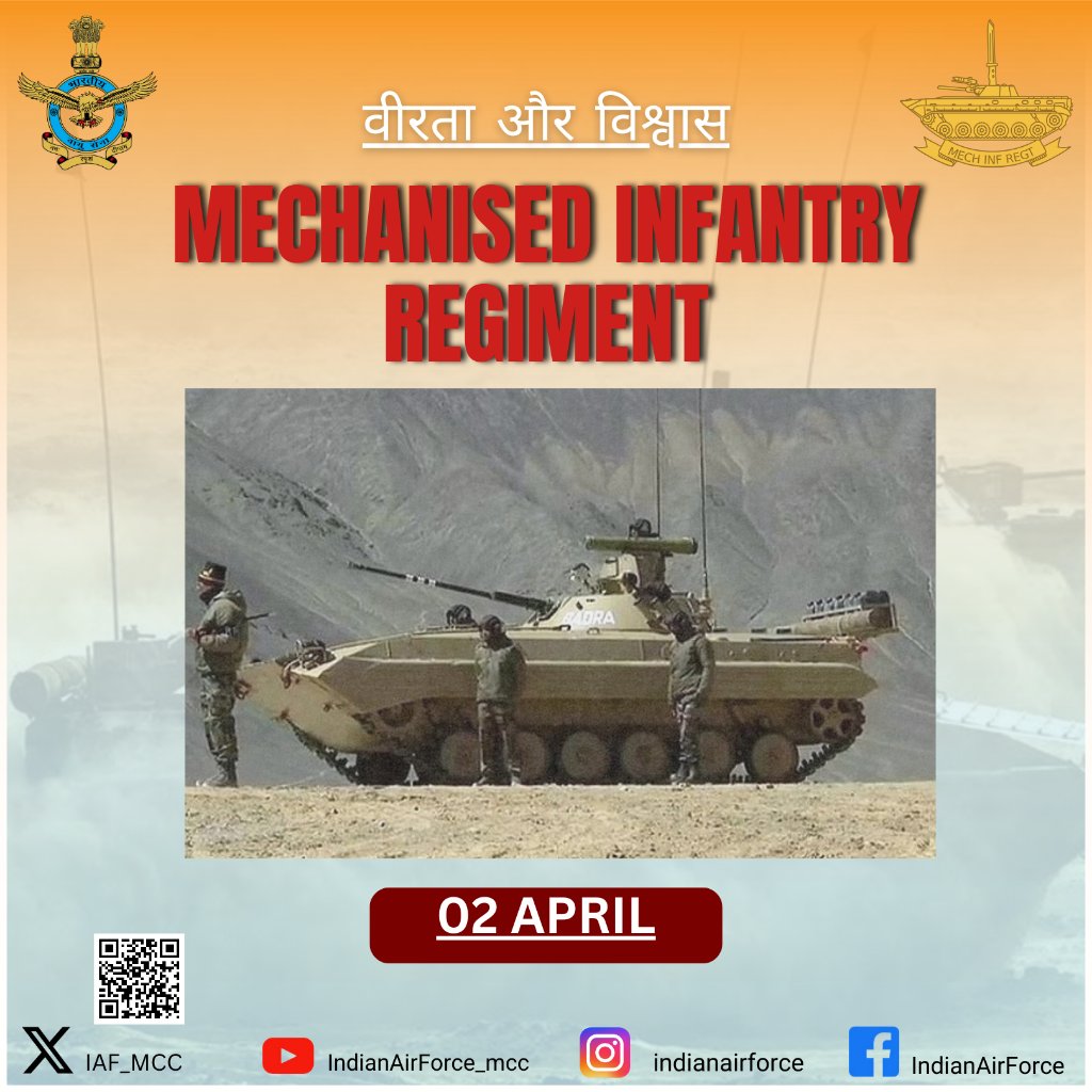 'वीरता और विश्वास' The CAS Air Chief Marshal VR Chaudhari and all personnel of the #IAF convey their greetings & best wishes to all personnel of the Mechanised Infantry Regiment on the occasion of their Raising Day. @adgpi