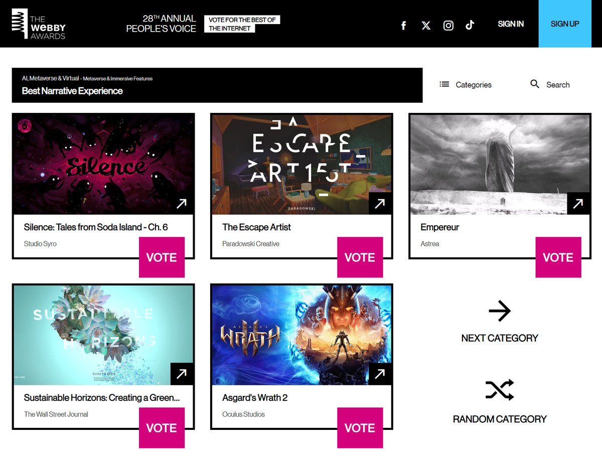 Holy shit, The Escape Artist is nominated for Best Narrative Experience by @TheWebbyAwards