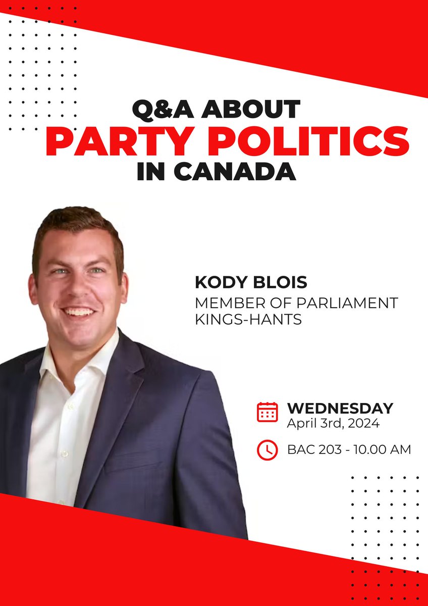 Alex Marland (@alexjmarland) on Twitter photo On Wednesday morning, Member of Parliament for Kings--Hants <a href="/KodyBloisNS/">Kody Blois</a> will participate in a Q&A with <a href="/AcadiaPolitics/">Acadia Politics</a> students in the final class of the semester for POLS 3903 Canadian Political Parties. All <a href="/AcadiaU/">Acadia University</a> students are welcome! Room BAC203 at 10am. #nspoli On Wednesday morning, Member of Parliament for Kings--Hants <a href="/KodyBloisNS/">Kody Blois</a> will participate in a Q&A with <a href="/AcadiaPolitics/">Acadia Politics</a> students in the final class of the semester for POLS 3903 Canadian Political Parties. All <a href="/AcadiaU/">Acadia University</a> students are welcome! Room BAC203 at 10am. #nspoli