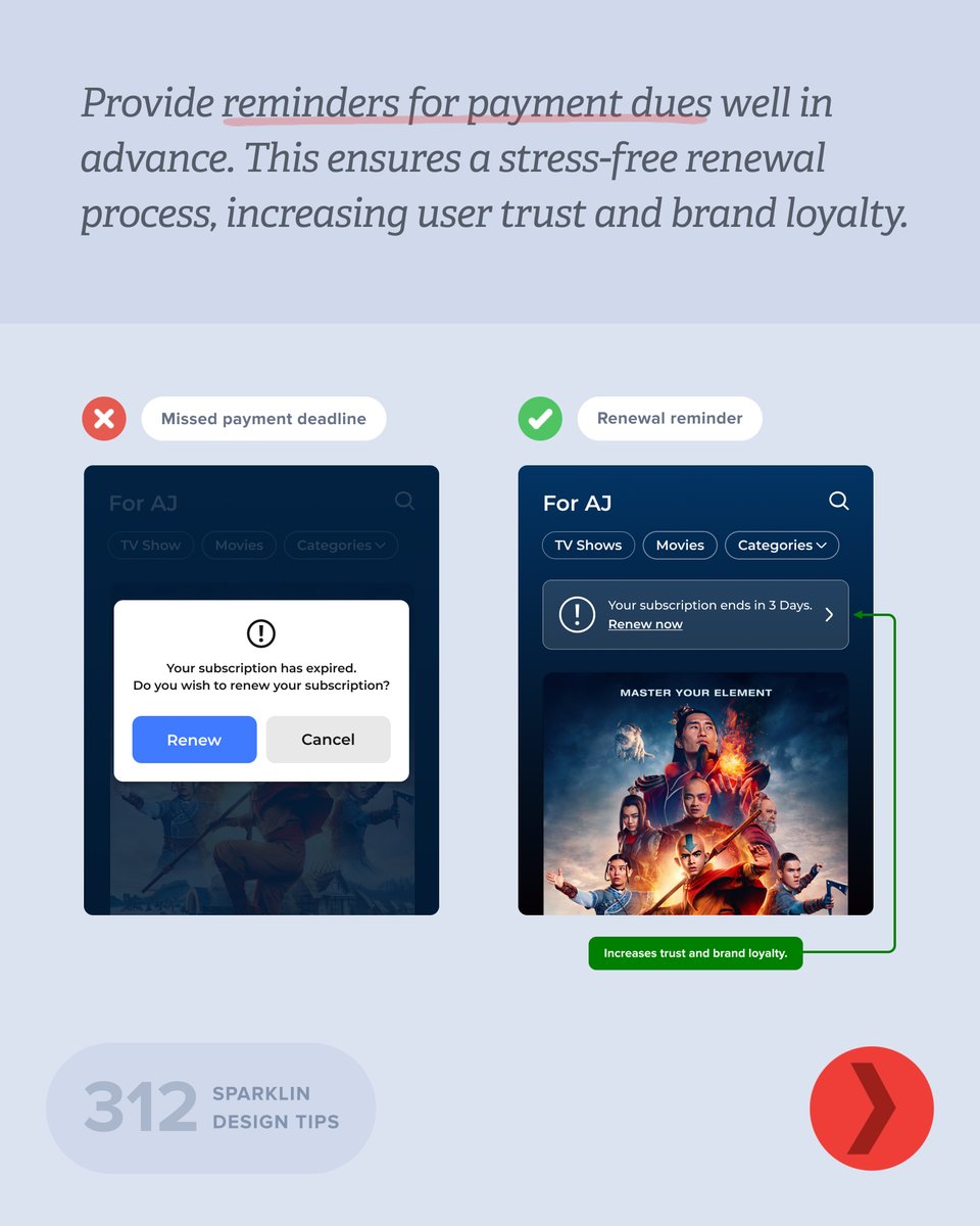 Sparklin Design Tip 312 is a UX tip! ✨ 

Provide reminders for payment dues well in advance. This ensures a stress-free renewal process, increasing user trust and brand loyalty.

#UserExperience #ExperienceBetter