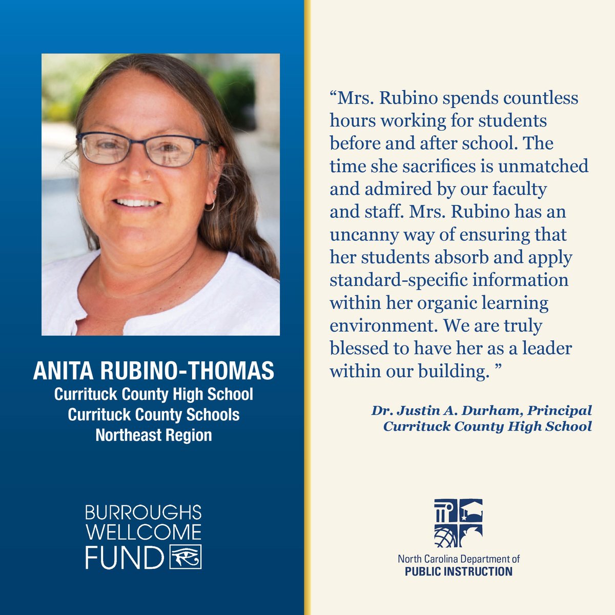 Who will be the next @BWFund 2024 NCTOY? Meet our Northeast Region TOY Anita Rubino-Thomas. Join us April 5 at 12 p.m. for pre-show & NCTOY ceremony livestreams at youtube.com/ncpublicschools & facebook.com/NCPublicSchools, with support from @EquitableFin & @MyPBSNC.
