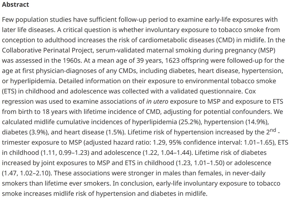 Involuntary tobacco smoke exposures from conception to 18 years increase midlife cardiometabolic disease risk: a 40-year longitudinal study | Journal of Developmental Origins of Health and Disease | Cambridge Core - bit.ly/3PNFd2p