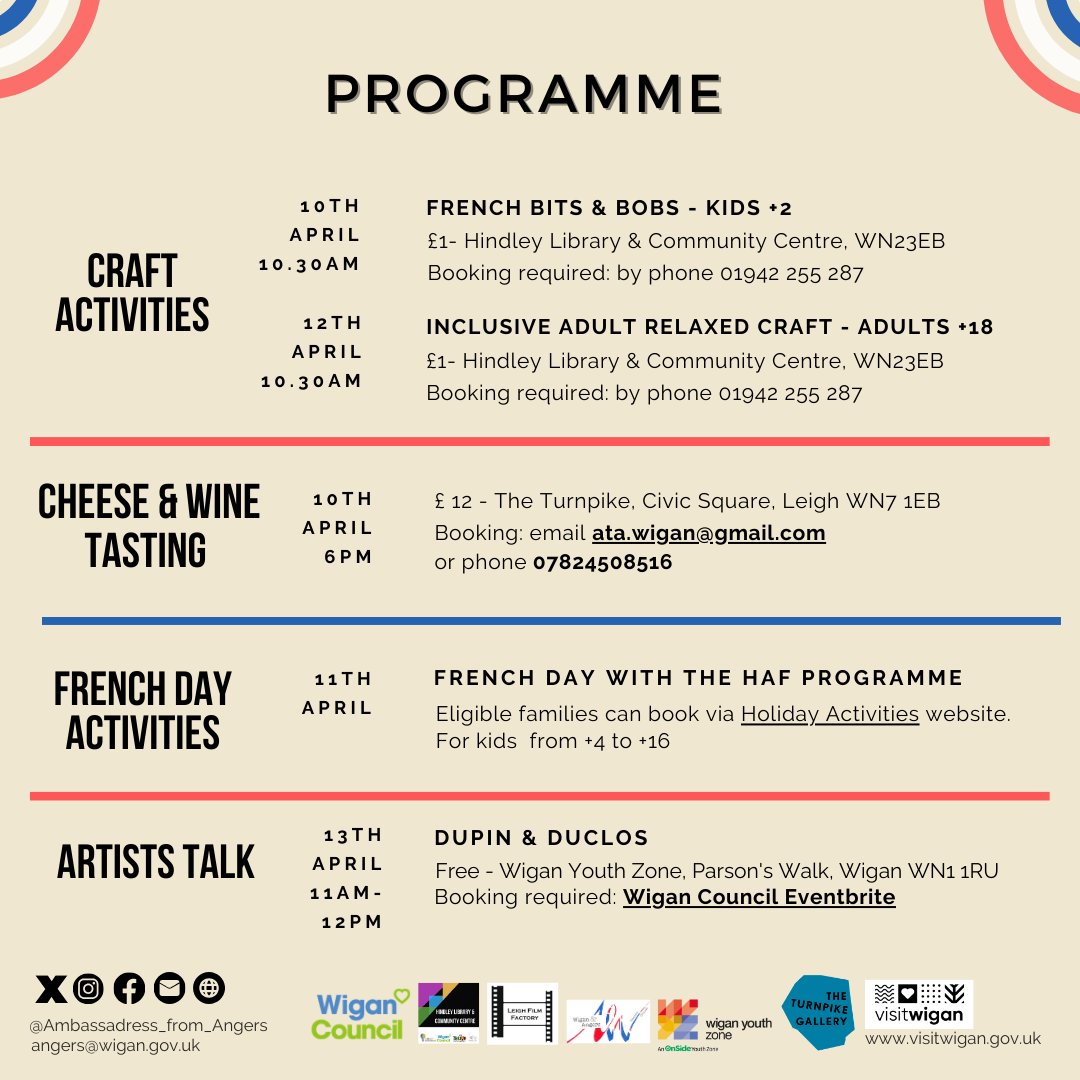 French week is an annual celebration of the borough’s cultural partnership with French town, Angers. Running from 5th – 13th April, you can take part in a variety of activities from pétanque to cheese and wine tasting to French cinema and more. wigan.gov.uk/Council/Town-T…