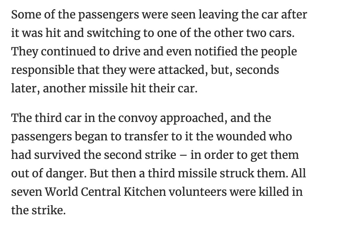 Faytuks's tweet photo. The third car in the convoy approached, and the passengers began to transfer to it the wounded who had survived the second strike – in order to get them out of danger. But then a third missile struck them. All seven World Central Kitchen volunteers were killed in the strike. https://t.co/AeUV52IHF7