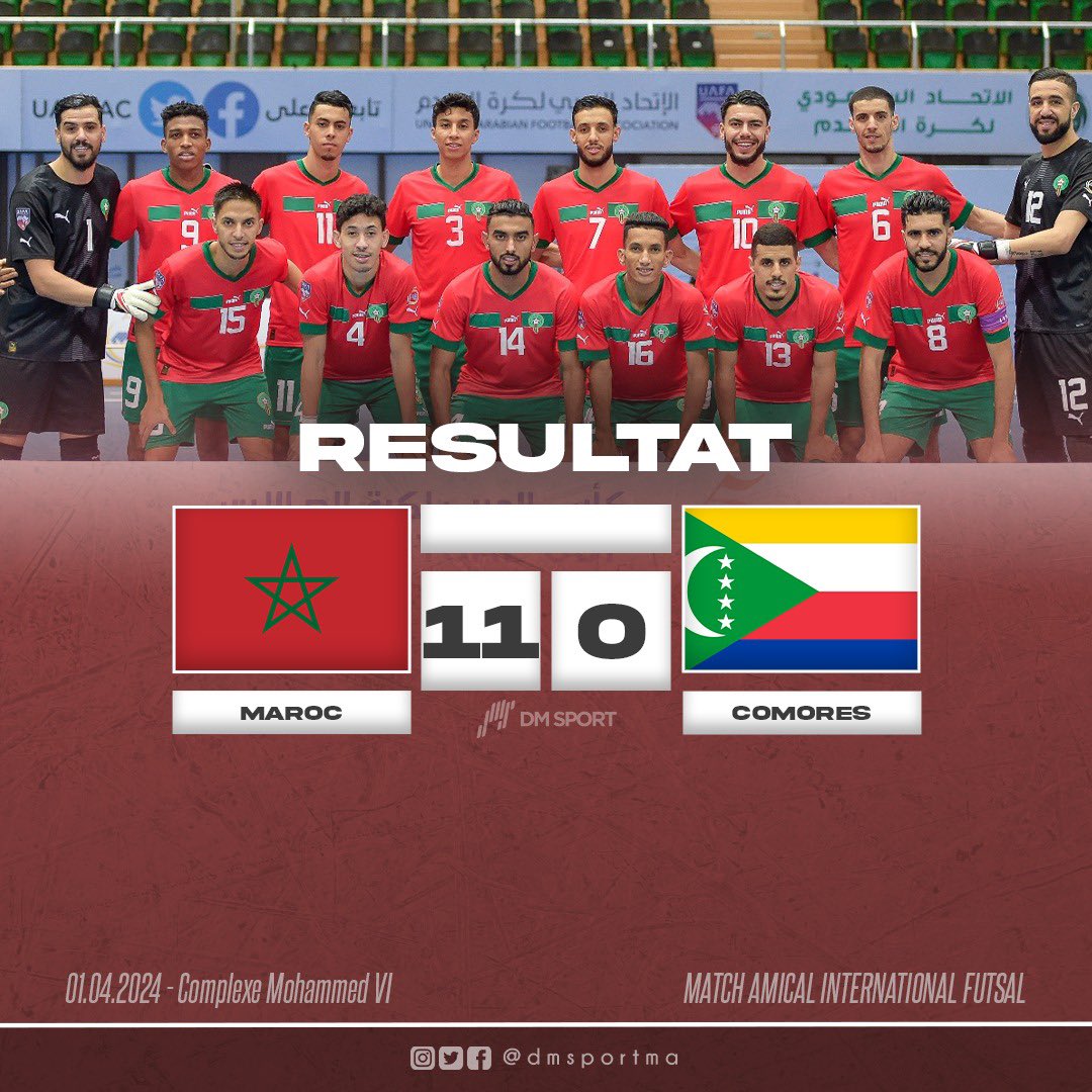 ✅🇲🇦 Victoire des Lions futsal face aux Comores 🇰🇲 Dans le cadre des préparations à la CAN, l'équipe nationale futsal s'est imposée ce soir face à son homologue comorienne sur le score de 11 buts à 0 pour le premier des deux matchs amicaux organisés au Complexe Mohammed VI. La…