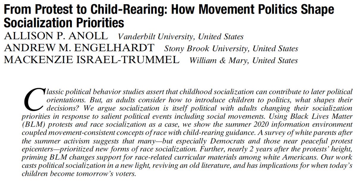 How do parents and non-parents decide how children ought to be raised? In a new paper w/ Allison Anoll & @DrMackIT, we argue social movements–like Black Lives Matter–can shape these choices, unpacking the often black-boxed step in child socialization. cambridge.org/core/journals/…