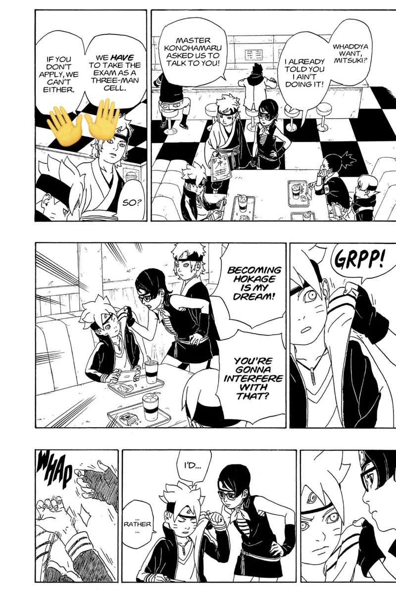 Lol y'all borusumi fan like to use this scene out of context as if Boruto wasn't the one who was wrong where. Refusing to participate to the exam was a selfish move because Sarada and mitsuki wouldn't be able to participate either because of him  .