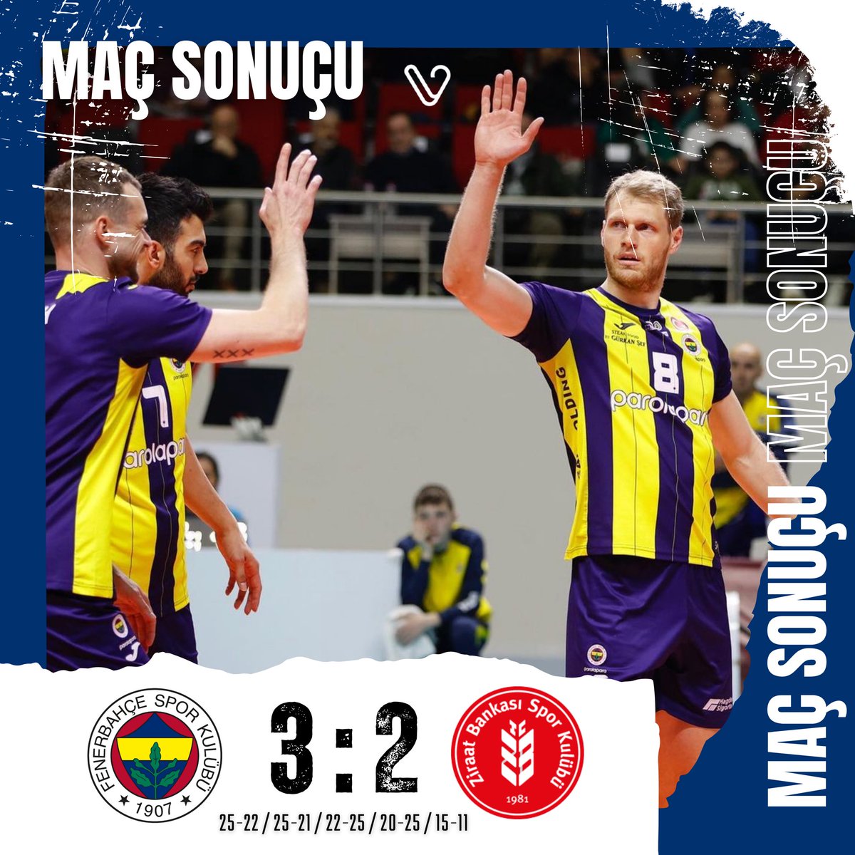 🟡🔵 Fenerbahçe Parolpara ilk maçta galip. 🆚 Fenerbahçe Parolapara 3 - 2 Ziraat Bankkart 🏐 25-22 🏐 25-21 🏐 22-25 🏐 20-25 🏐 15-12 🔝 Matt Anderson 23 - Drazen Luburic 25