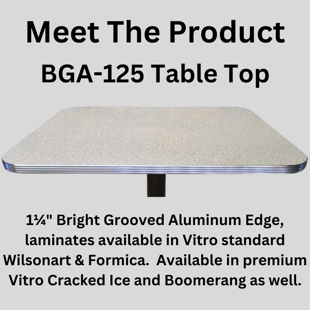 VitroSeatingInc's tweet photo. Meet the BGA-125 Table Top. This tip has a 1 1/4" thick Bright Grooved Aluminum Edge. Laminates available include Vitro Standard Wilsonart &amp; Formica. Also available in premium Vitro Cracked Ice and Boomerang.
#manufacturer #madeinamerica #restaurant #diner #MadeinUSA #retrostyle https://t.co/9XFIpR07IQ