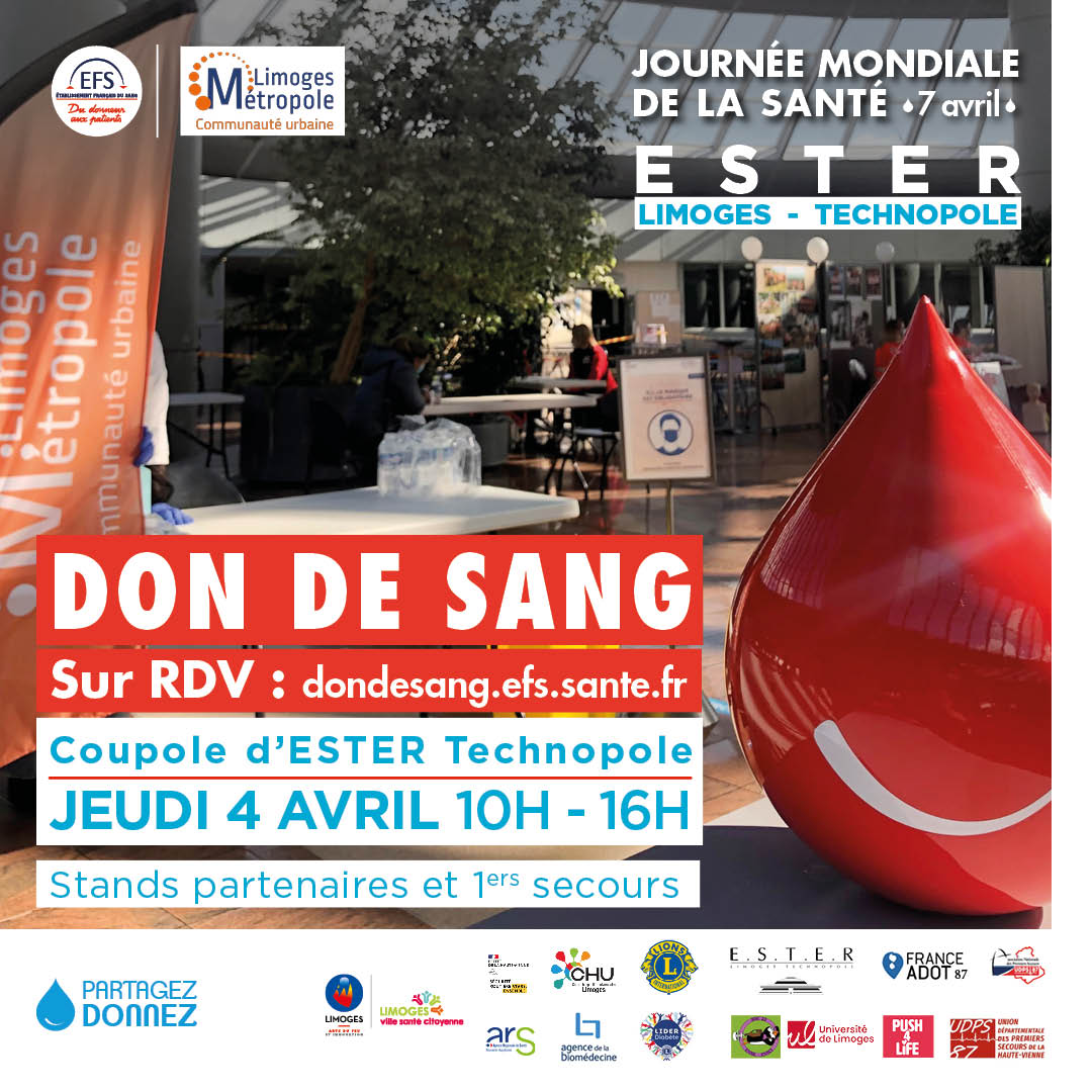 EsterTechnopole's tweet photo. [MOBILISATION] 🩸Dans le cadre de la #Journeemondialedelasante, @EFS_Officiel organise une collecte de sang 
🗓️ jeudi 04 avril de 10h à 16h 
📍 à #ESTERTechnopole. 
 
👉Pour prendre rendez-vous : https://t.co/GErPAlbUUy https://t.co/5LtphblvY3