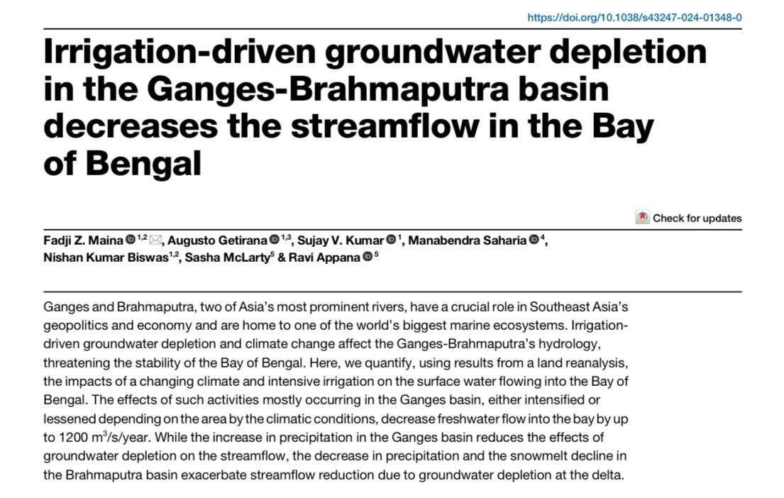 Work led by @Yafadj on how irrigation is impacting streamflow in the Ganga-Brahmaputra delta. Would be happy if you share your thoughts on the paper. @sujayvkumar nature.com/articles/s4324…