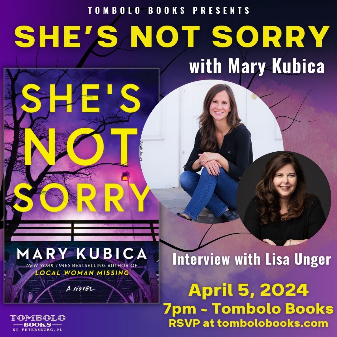 Wishing my pal, the lovely, talented, and bestselling author @MaryKubica the best of pub days for SHE’S NOT SORRY! Pick up your copy today, or if you happen to be in the Tampa Bay area, join us in person for what will surely be a fun conversation @TomboloBooks this Friday night!