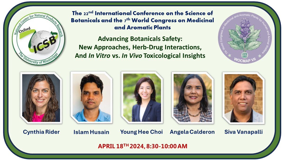 Join us at the ICSB-WOCMAP Joint Meeting in Oxford, Mississippi, for an insightful session on 'Advancing Botanical Safety: New Approaches, Herb-Drug Interactions, and In Vitro vs. In Vivo Toxicological Insights'. #naturalproducts #botanicals #toxicity #safety #ICSB #WOCMAP
