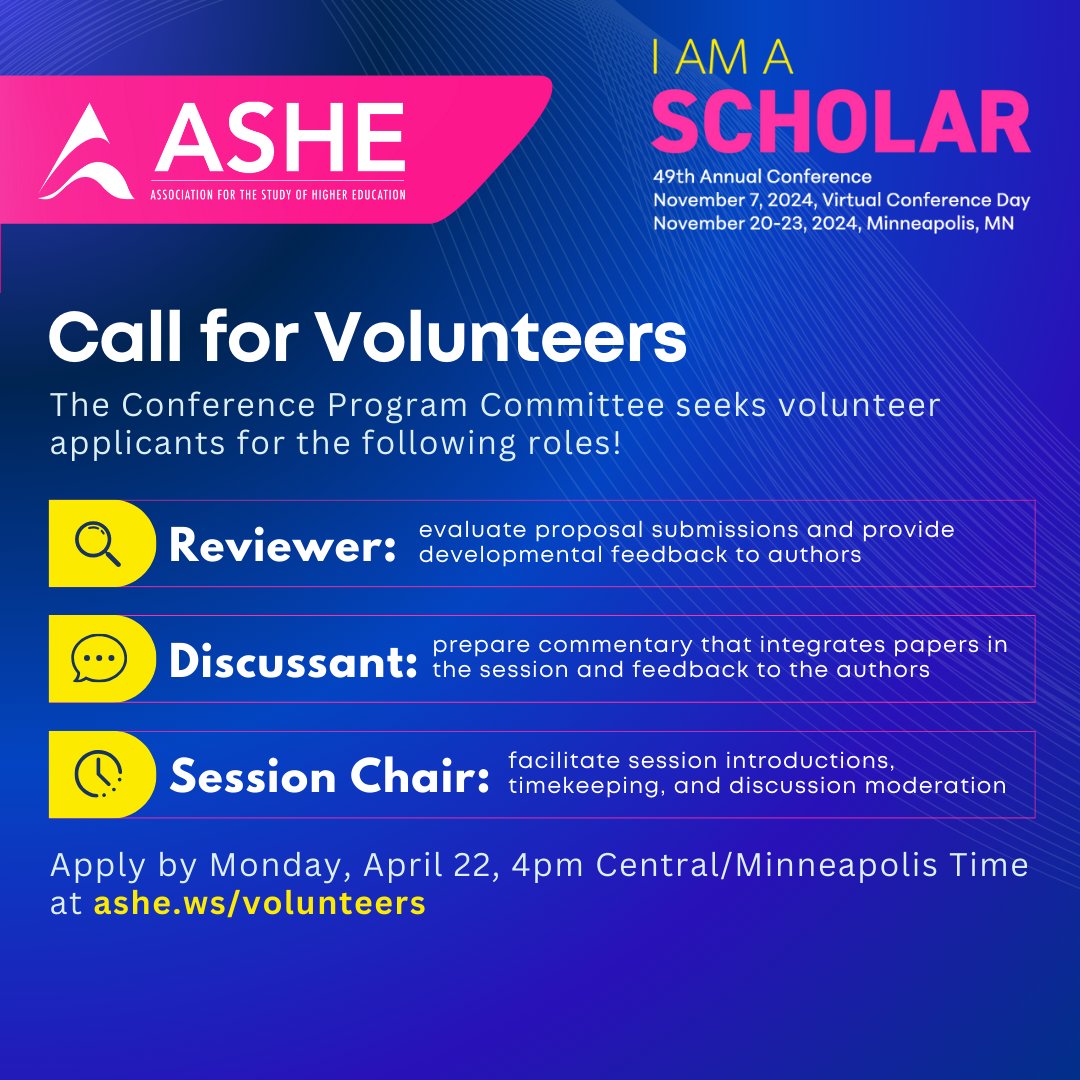 Calling all @ASHEoffice folx who study students! I'm serving as co-chair for the Undergraduate Students: Contexts section for #ASHE2024 and am inviting you to sign up as a reviewer, chair, and/or discussant. Signing up takes less than five minutes at ashe.ws/volunteers.