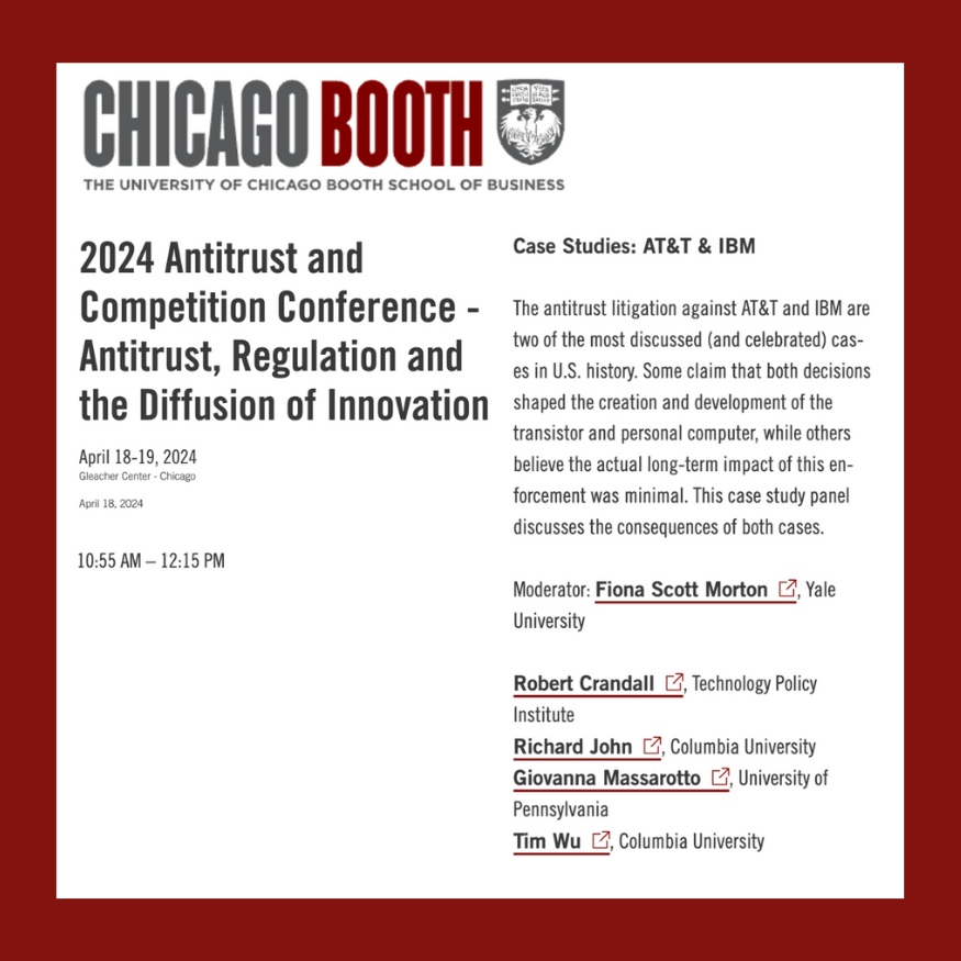 TPI's Robert Crandall will discuss antitrust litigation in case studies of AT&T and IBM at the Chicago Booth Stigler Center antitrust conference on April 18 at 10:55 am-12:15 pm. Register to watch the livestream! #antitrust chicagobooth.edu/research/stigl… @chicagobooth