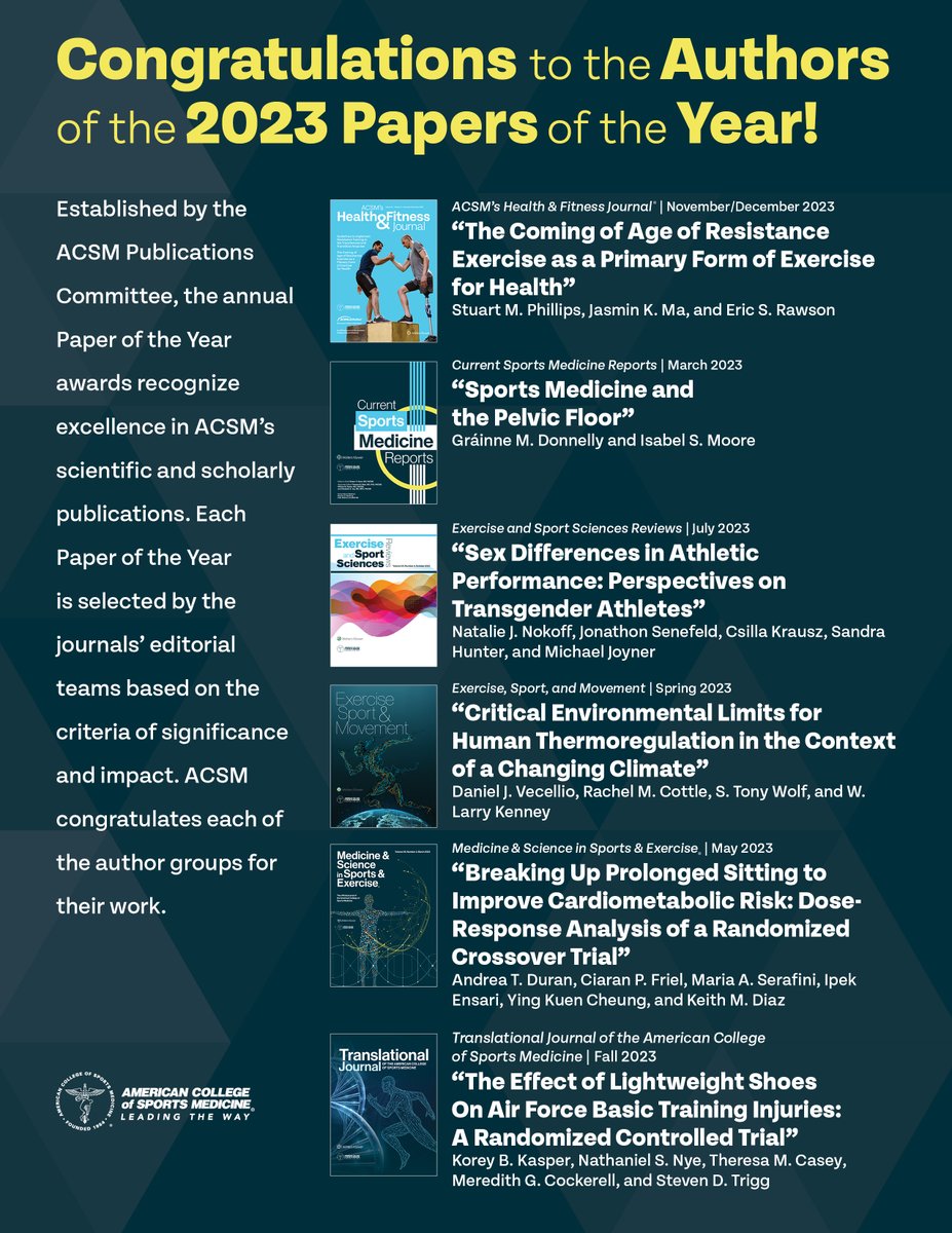 Congratulations to the authors of the ACSM journals' Papers of the Year!🌟 In recognition of demonstrated scientific & scholarly significance & impact, awardees are selected by each journal's editorial board from articles published the previous year. brnw.ch/21wIqI0