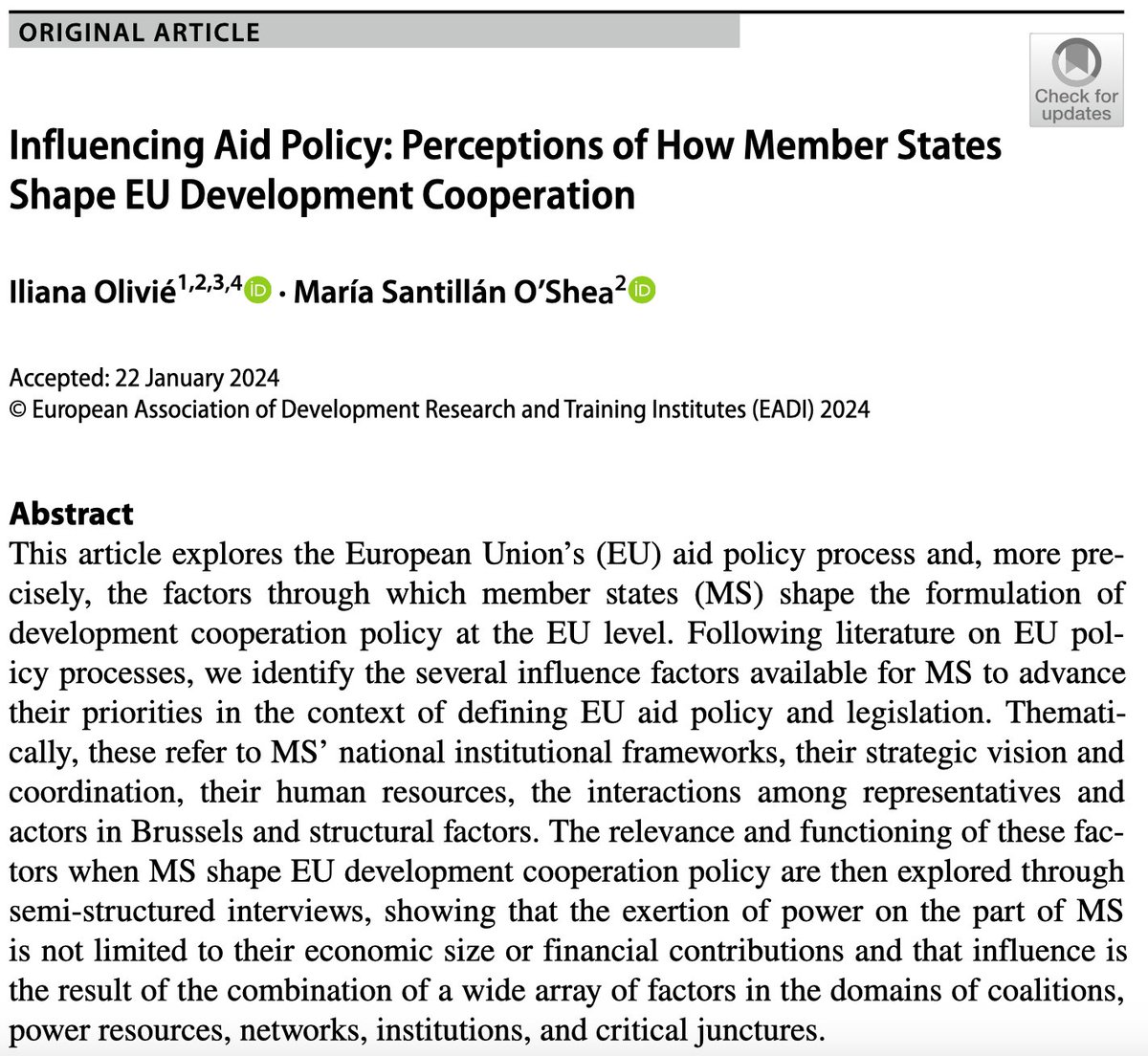 Very happy to see our analysis on how member states shape EU aid published at the European Journal of Development Research #EJDR @EADI link.springer.com/epdf/10.1057/s…