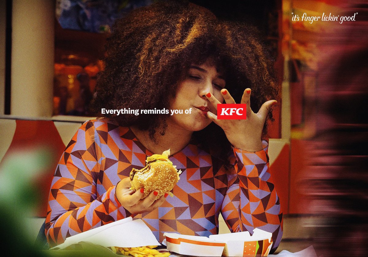 Ok so this is part of #KFC’s new campaign in LatAm. By saying “Everything reminds you of KFC” against the backdrop of a person seemingly enjoying a #McDonalds burger (see McDonald’s container on the table), aren’t you unintentionally suggesting that a McDonald’s is also finger…