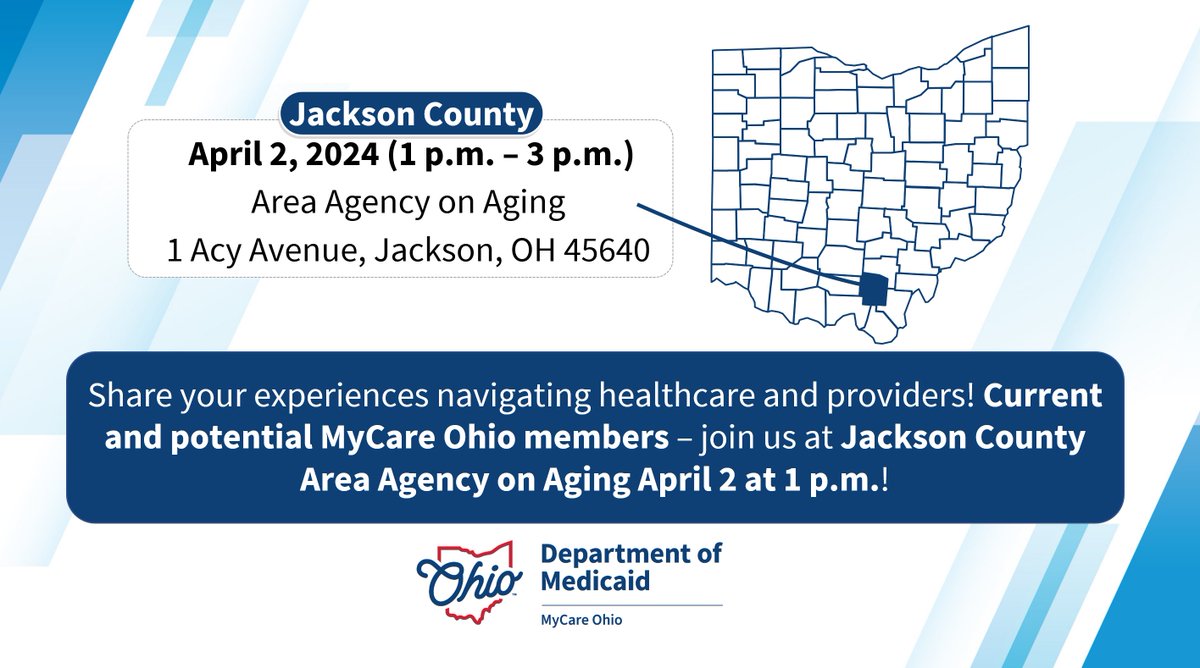 Share your experiences navigating healthcare and providers! Current and potential MyCare Ohio members – join us at Jackson County Area Agency on Aging April 2 at 1 p.m.! medicaid.ohio.gov/families-and-i…