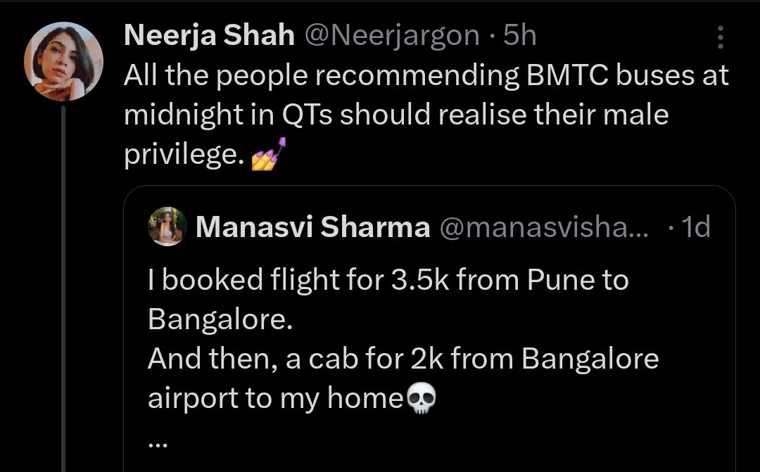 All the people recommending BMTC buses at midnight in QTs should realise and learn about female nature - the woman is just looking for an 'ATM-Machine-Cum-Simp-Servant' to pick her up in his car purchased with his male privilege. 💅
#NoFreebieBusRide
 #Justice4BusConductor