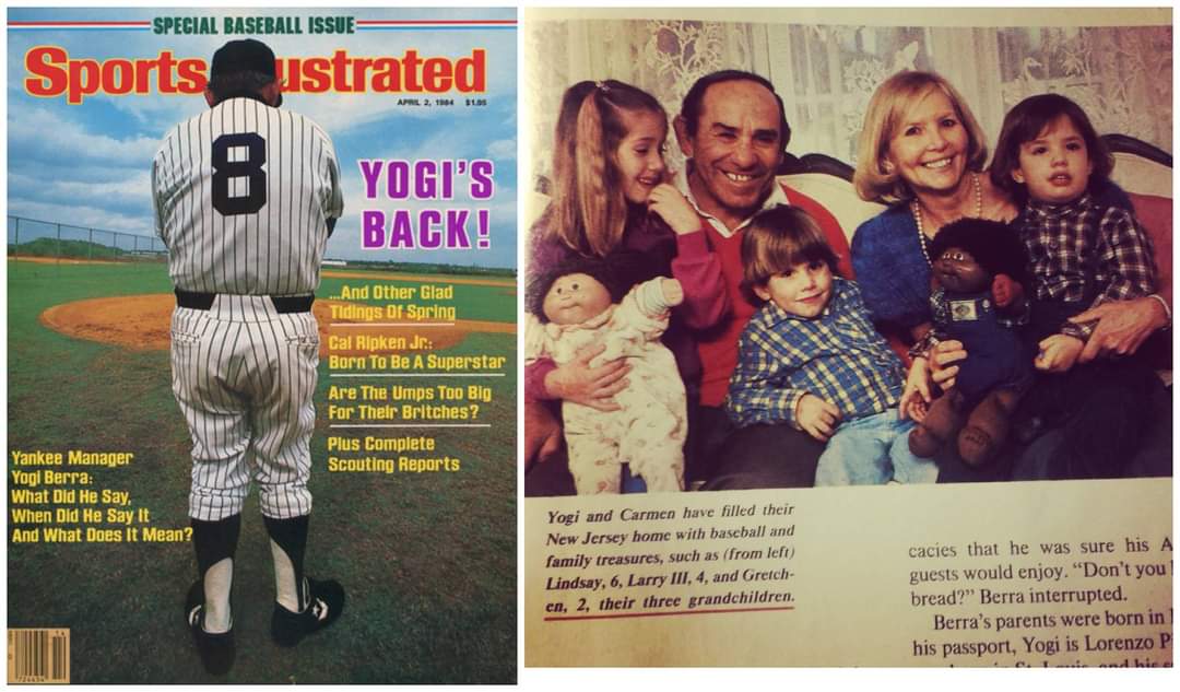 April 2, 1984: Grampa Yogi was on the cover of @sinow and my brother Larry, cousin Gretchen and I got to be inside with Gram and Gramp, and of course, our Cabbage Patch Kids. #Yankees #80skid