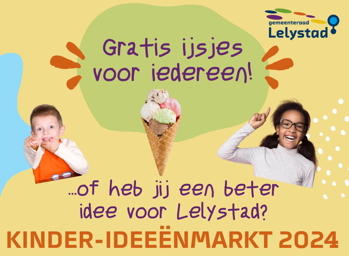 Kinder-Ideeënmarkt (wo-middag 12-6), aanmelden is van start (tot uiterlijk 28-5)! Voor kinderen tussen de 4 en 12 jaar oud. Help jij ze om hun beste idee voor Lelystad in te leveren? lelystad.nl/4/Lelystad/Nie… #lelystad #kinderideeenmarkt #gemeenteraad #raadslid #raadsleden