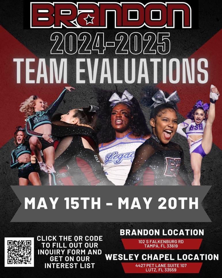 Save the dates! Evaluations for the 2024-2025 season have been set!

May 15th - May 20th

Stay tuned to brandonallstarswc.com and BA social media for more evaluation information! 😍🅱️🅰️💪

#BrandonAllstars #BAFamily #BAWC #Year30 #KnowOurName #BrandonStrong #ThirtyAndThriving
