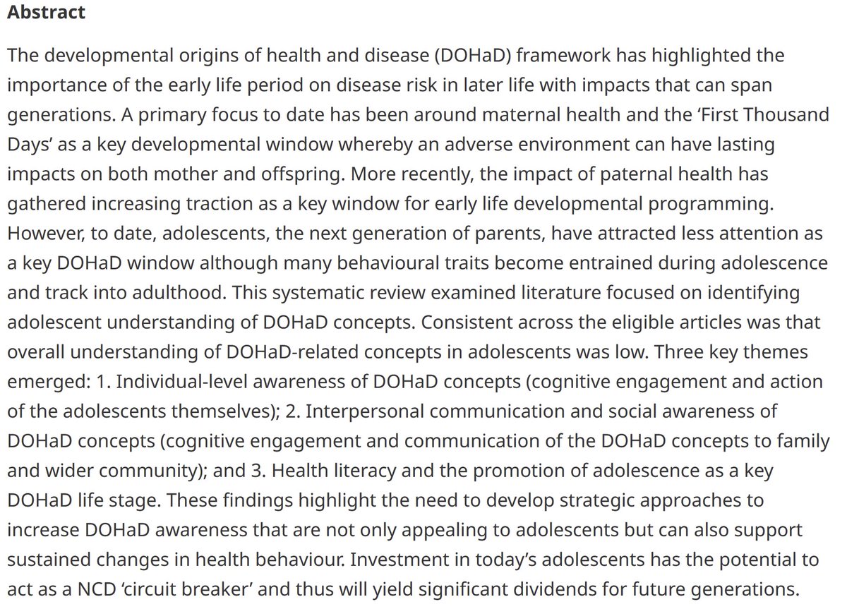 Adolescents generally have little understanding of concepts related to how health behaviours before, during & after pregnancy have lasting effects on the health/wellbeing of their future children; new systematic review @LifelabSoton @AucklandLiggins doi.org/10.1017/S20401…