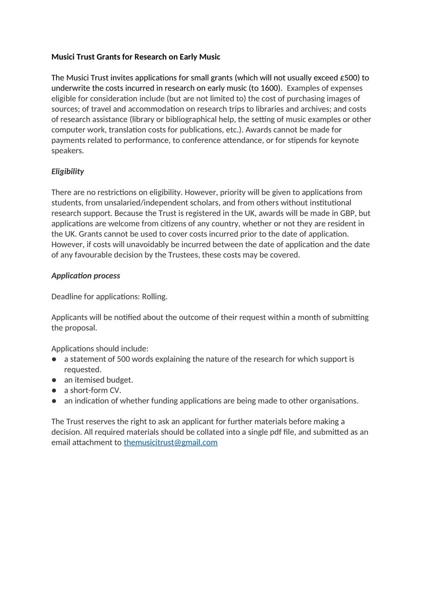 Musici Trust invites applications for small grants (up to £500) for costs of research on early music to 1600. Full details in image, rolling deadline, further questions and all applications to themusicitrust[at]gmail.com