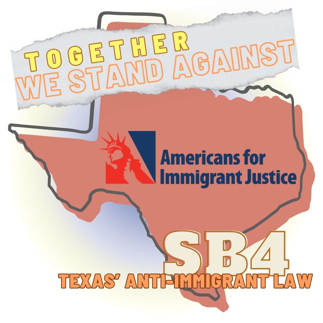 Am4ImmJustice's tweet photo. Together we stand to show our solidarity across the nation against Texas' SB4! Tomorrow, the Fifth Circuit will have a preliminary injunction meeting to decide whether the anti-immigrant law can become law. We are coming together to say: STOP SB4! #StopSB4 https://t.co/ehS8xqdOAf