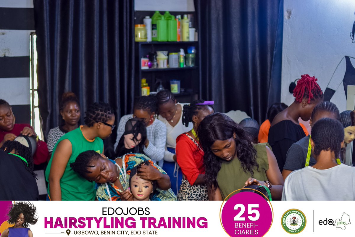 Beneficiaries of Edojobs hairstyling training practising and learning various hair styling and wig installation techniques. - Edojobs hairstyling training is a three(3) months practical training currently ongoing, with 25 Edojobbers learning hands-on @hairstarbeautifiers