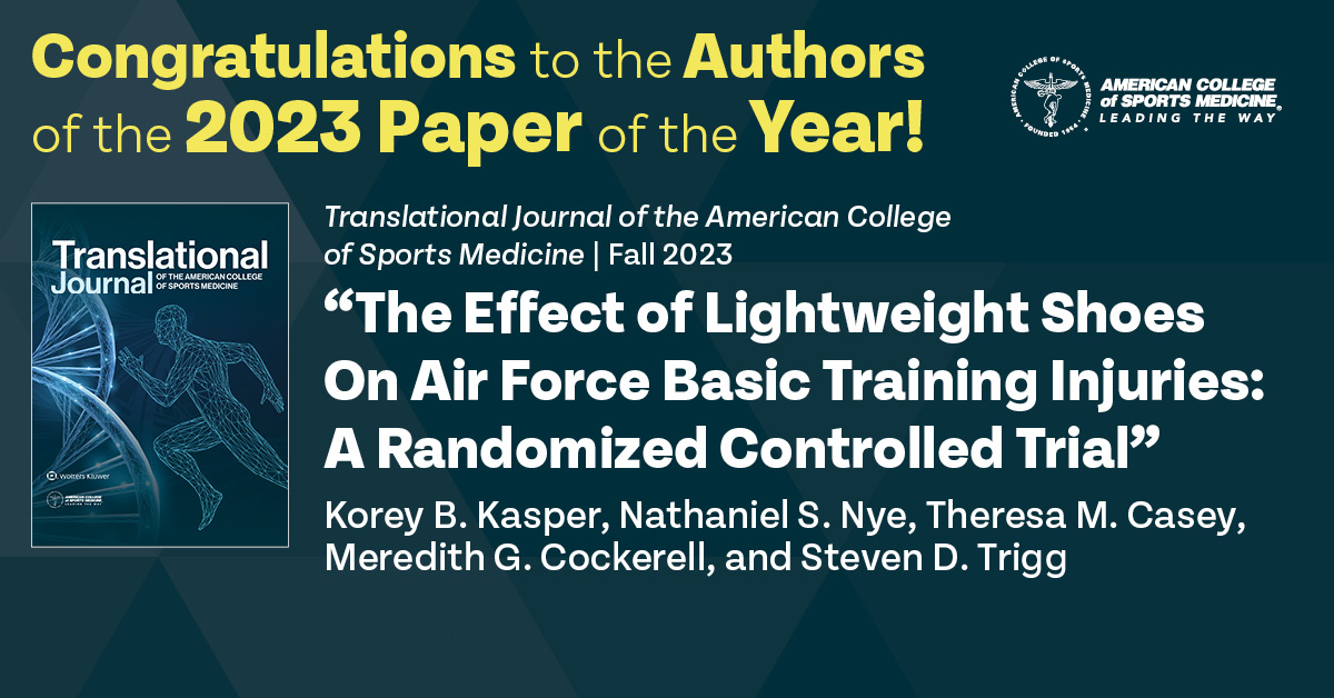 Congratulations to the authors of the 2023 Paper of the Year: The Effect of Lightweight Shoes on Air Force Basic Training Injuries: A Randomized Controlled Trial🌟 Authors: @KoreyKasper @NathanielNye Theresa Casey, Meredith Cockerell & Steven Trigg brnw.ch/21wIqIe