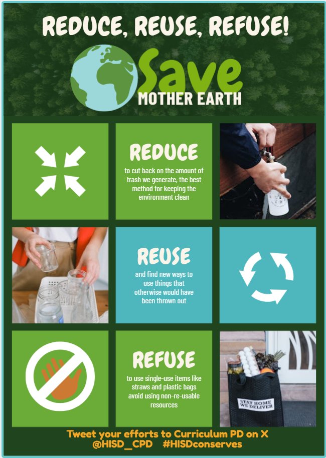 Bareka Piper-Allen (@ballen_05) on Twitter photo Day 2 of Conservation Week:
Reduce-cute back on the amount of trash we generate.
Reuse-find new ways to use things that otherwise would have been thrown out.
Refuse- do your best to refuse single-use disposable items.
#HISDconserves @HISD_CPD <a href="/DonelleWilliams/">Donelle Williams, Ed. D.</a> <a href="/nperez10/">Nalsy Perez</a> Day 2 of Conservation Week:
Reduce-cute back on the amount of trash we generate.
Reuse-find new ways to use things that otherwise would have been thrown out.
Refuse- do your best to refuse single-use disposable items.
#HISDconserves @HISD_CPD <a href="/DonelleWilliams/">Donelle Williams, Ed. D.</a> <a href="/nperez10/">Nalsy Perez</a>