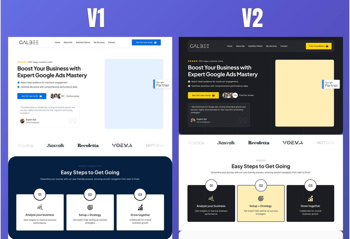 Hey Everyone

Can you guys tell me which one you like? Based on overall structure and color V1 or V2

#AgencyWebsite #CRO #RedesignWebsite #ExpertAzi #UX #WebsiteUI