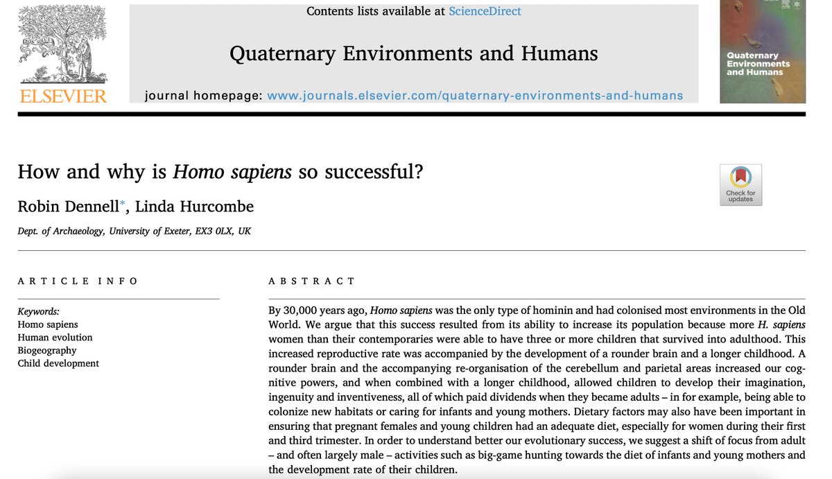'In order to understand better our evolutionary success, we suggest a shift of focus from adult – and often largely #male – activities such as big-game hunting towards the diet of infants and young #mothers and the development rate of their #children' sciencedirect.com/science/articl…