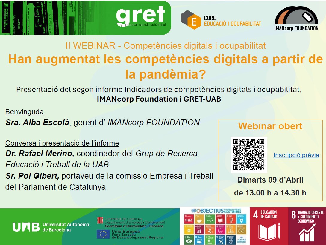 📢Webinar: "COMPETÈNCIES DIGITALS I OCUPABILTAT." segon informe d'indicadors de competències digitals i ocupabilitat 
📅 Dimarts 09 abril 
⏰13:00 a 14:30 on-line
📷Inscripcions: forms.gle/kVL579mYoC28ZK…