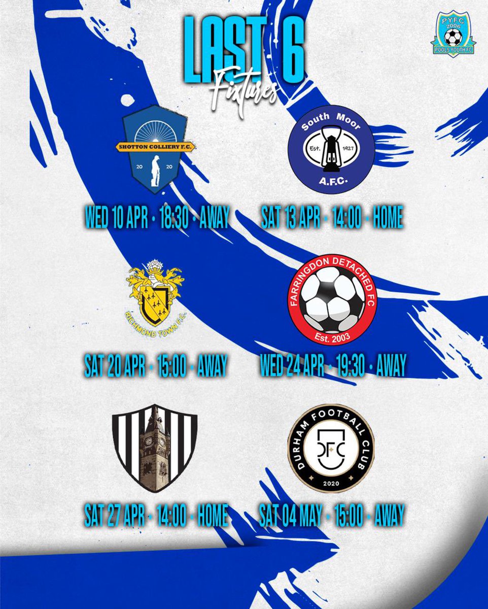 ⚽️ 𝐋𝐀𝐒𝐓 𝐒𝐈𝐗 ⚽️

As we move into April here’s a look at our final 6 fixtures that complete our first season in the top flight of the <a href="/WearsideLeague/">Wearside League</a>. 

<a href="/fc_shotton/">Shotton Colliery FC</a> <a href="/AfcMoor/">South Moor AFC</a> <a href="/RichmondTownFC/">Richmond Town FC</a> @farradetached22 <a href="/DarloTownFC/">Darlington Town FC</a> <a href="/DurhamFC1st/">Durham FC Corinthians</a> 

🔵 UTPY ⚪️
