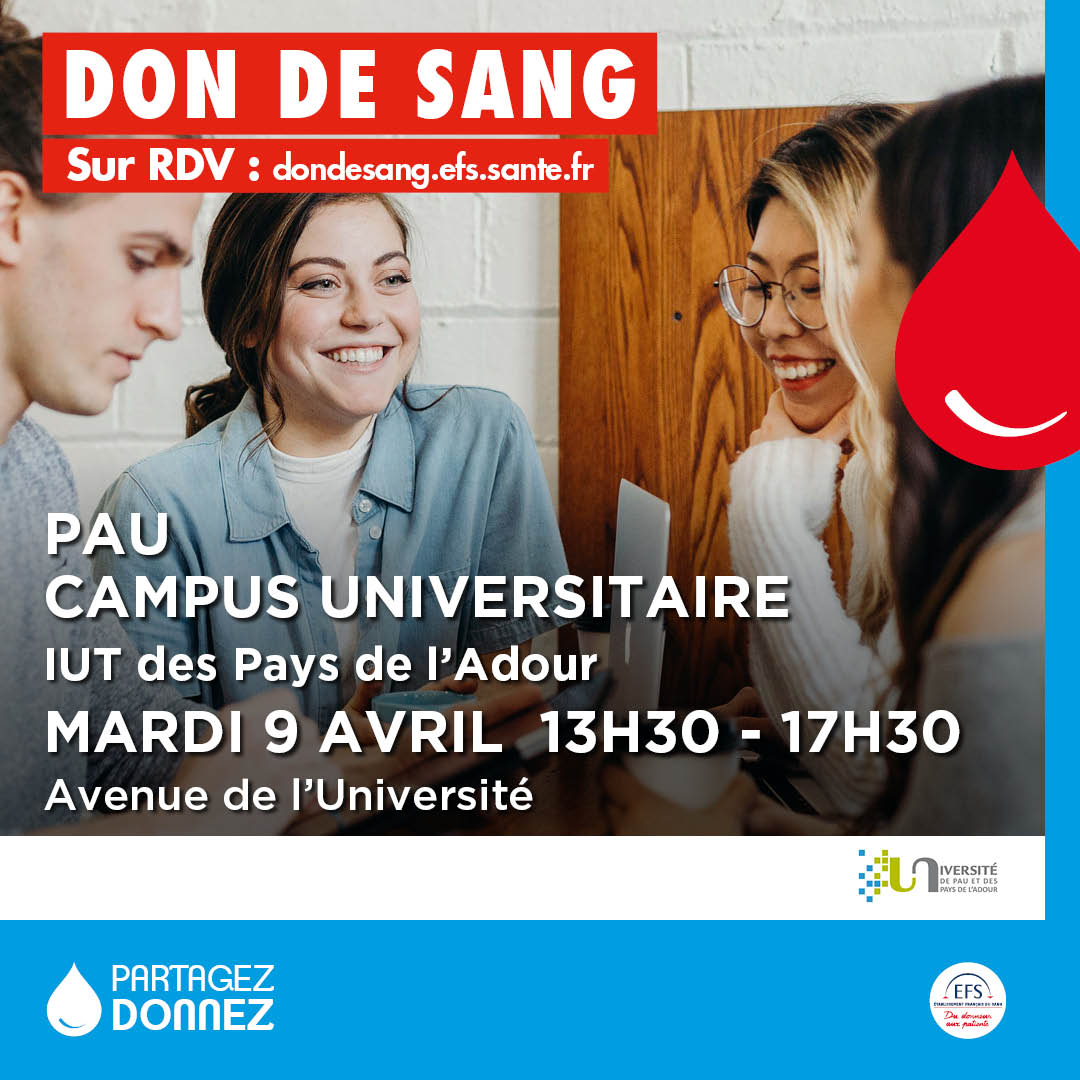 L’@EFS_dondesang organise une collecte de sang sur le campus de Pau : 📅 Mardi 9 avril 2024 ⏰ 13h30 à 17h30 📍 Campus de Pau, hall de l'IUT des Pays de l'Adour (ex-IUT STID). Prendre RDV : efs.link/zk5aj #DonDuSang