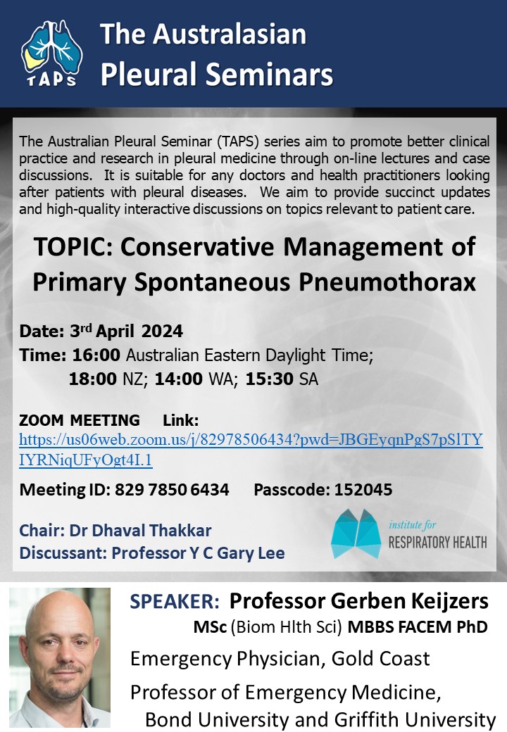 The Australian Pleural Seminar (TAPS) on zoom April 3 - join us! Succinct 15 min guide to why you should NOT routinely drain primary pneumothorax. Ask/question the experts on do's & don'ts. @PleuralPOCUS @PulmPEEPs @tsanz_thoracic @accpchest @ALATorax @EuroRespSoc @atscommunity