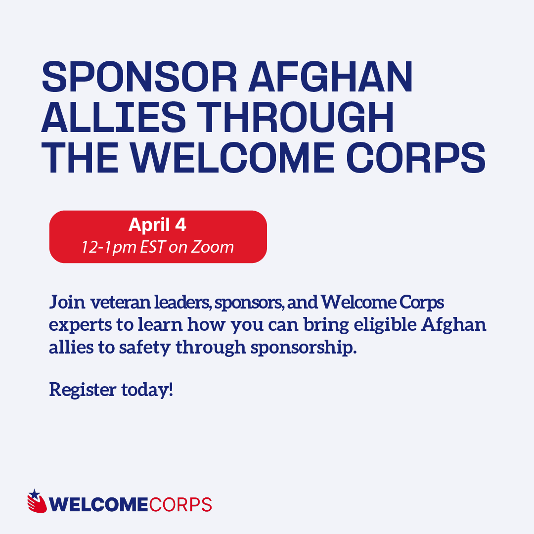 VFWHQ's tweet image. Veterans, you are invited: Join in on an informative webinar to learn about the Welcome Corps, an initiative of the @StateDept and its efforts to assist our Afghan allies. This online event will happen THIS Thursday, April 4 at 11 a.m. CST and will feature a panel of speakers…