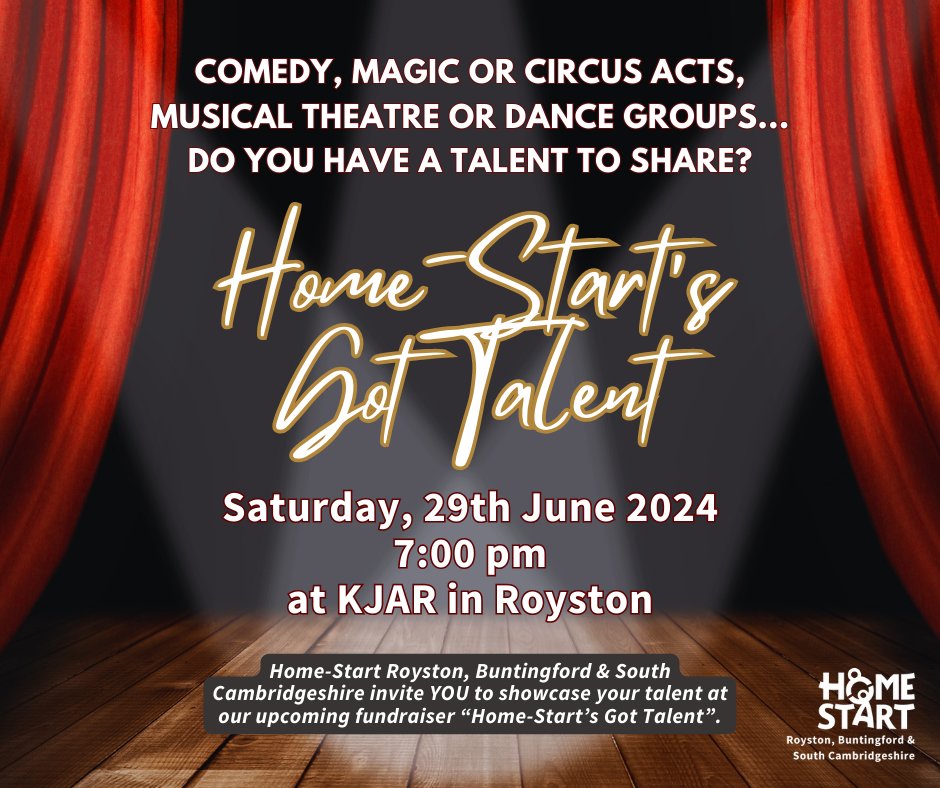 Calling all comedians, magicians, circus acts & performers! Bring laughter, wonder, and amazement to our #HomeStartsGotTalent event on 29th June at KJAR, Royston! Acts get 3-4 mins to showcase their skills. To register, email events@hsrsc.org.uk #RoystonEvents #FundraisingFun