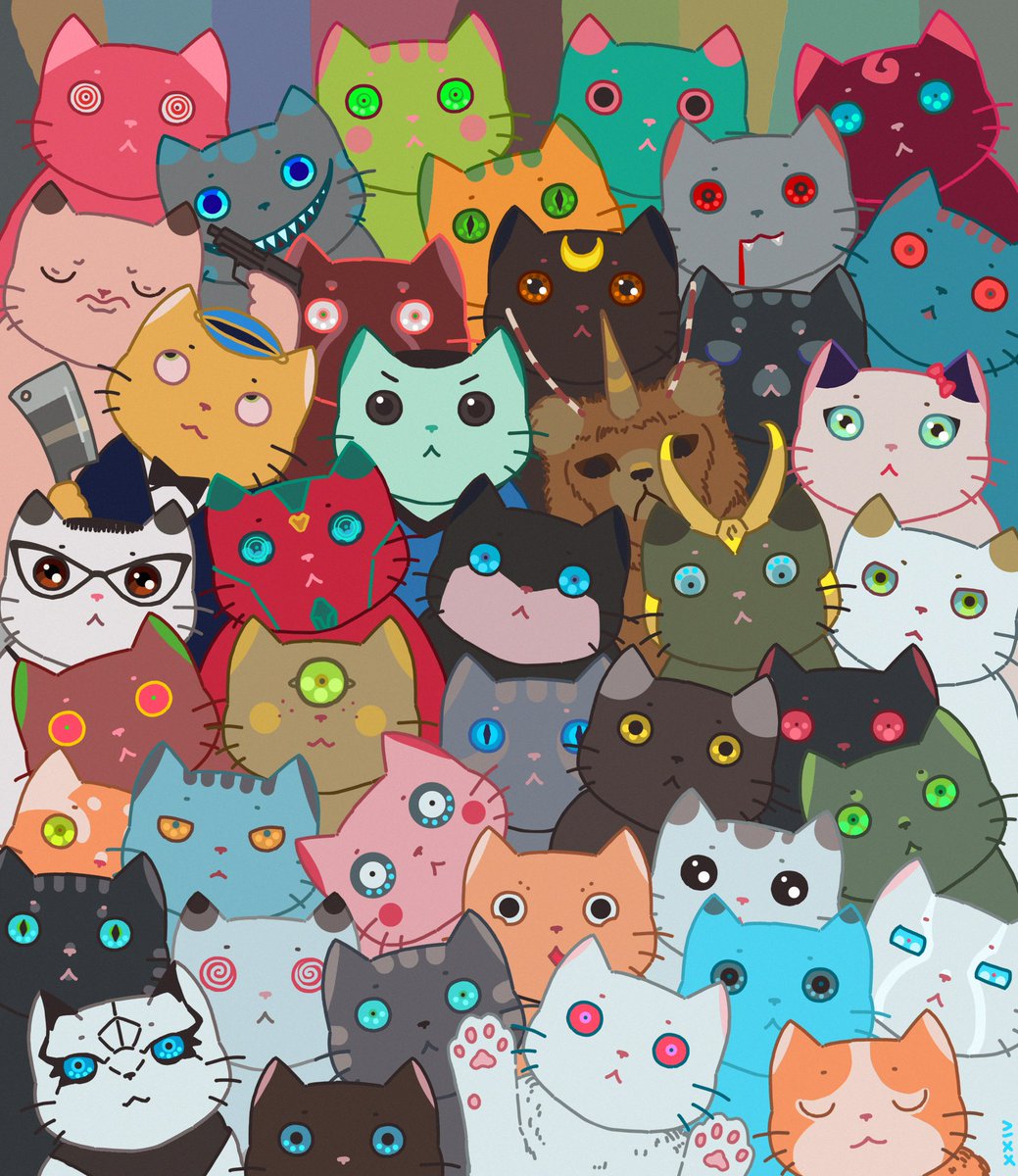 looking at viewer blue eyes green eyes no humans :3 stuffed toy cat  illustration images