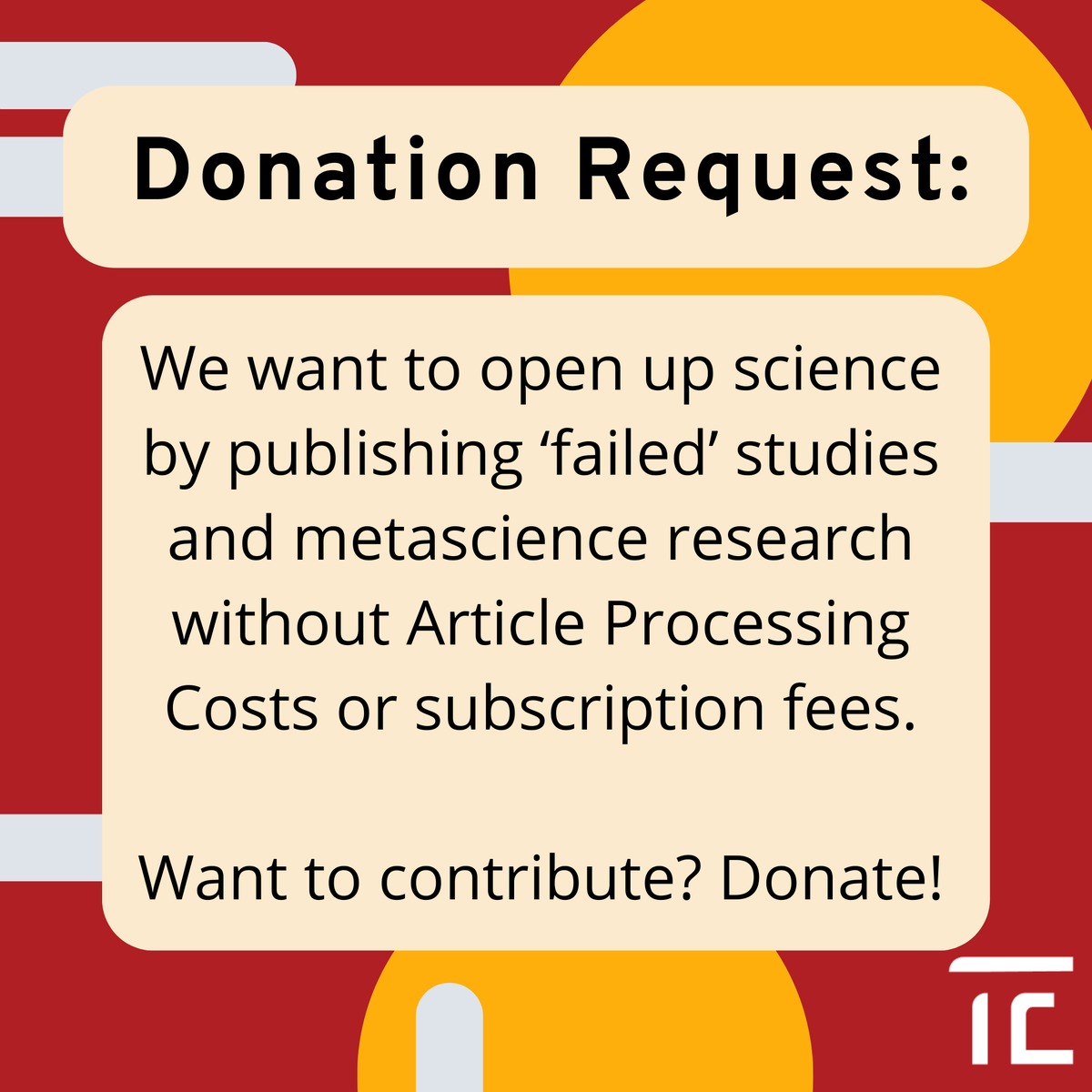 Donation request! As a Diamond OA journal for 'failed' research and metascience, we push against the replication crisis and the publication pressure that researchers face. Do you want to help us make science more open and reflective? Then please donate: trialanderror.org/donate