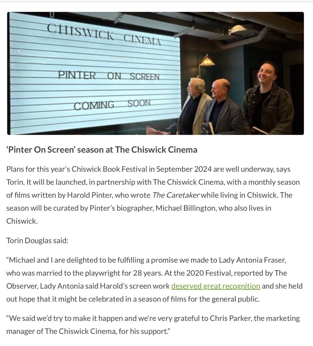 @W4BookFest also announces monthly ‘Pinter On Screen’ season @ChiswickCinema curated by Michael Billington @billicritic starting on April 27th. chiswickcalendar.co.uk/chiswick-book-… #Chiswick #Pinter #films @masksignal @TorinDouglas
