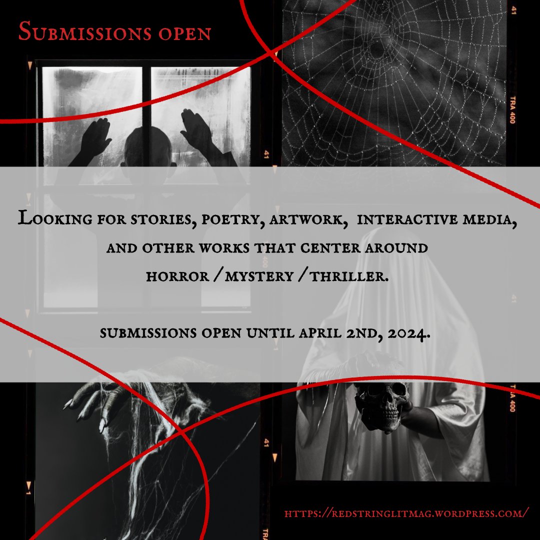 Last call for submissions for Issue One: horror / mystery / thriller! 🪡 Submissions will be closed at the end of the day! 

#WritingCommunity #HorrorCommunity #SubmissionsOpen #poetry #fiction #artwork #cnf #writersoftwitter